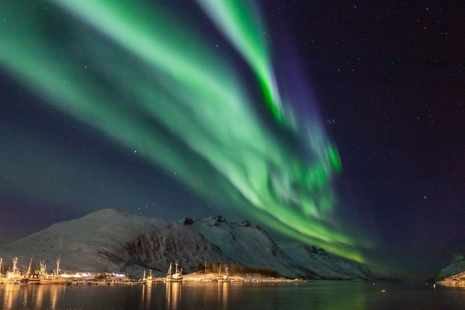 Grünes Nordlicht über dem Ersfjord bei Tromsø mit den Lichtern eines Dorfs am Ufer